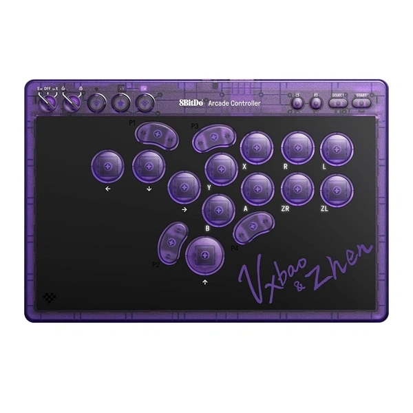 8BitDo Arcade Stick All-Button, Signature Edition, Átlátszó lila, vezeték nélküli kontroller