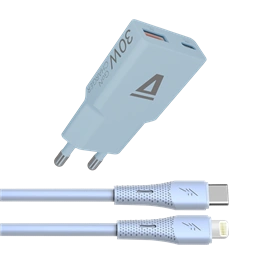 AVAX CH6416 30W GaN töltő és USB-C–Lightning szilikon kábel, világoskék