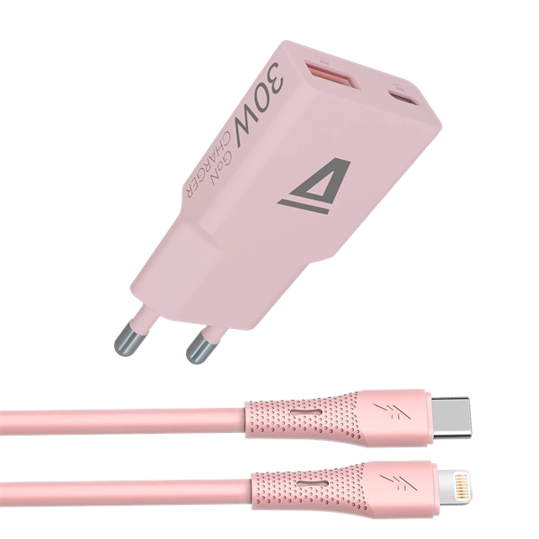 AVAX CH6418 30W GaN töltő és USB-C–Lightning szilikon kábel, rózsaszín