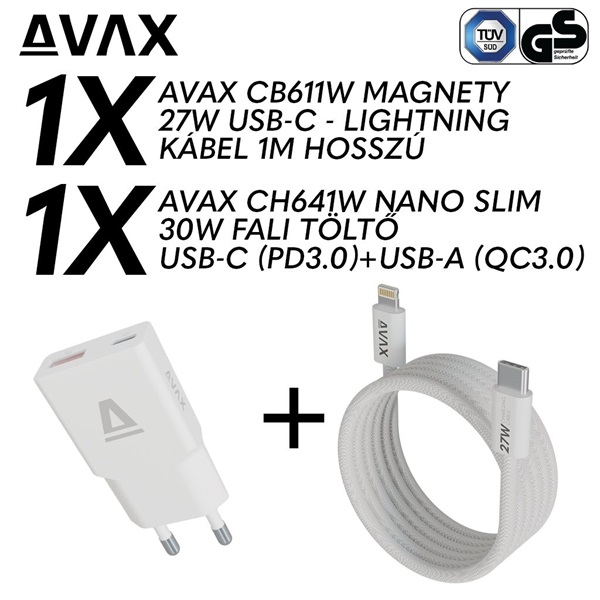 AVAX CH641W & CB611W – 30W GaN Gyorstöltő & 27W Mágneses Lightning Kábel csomag