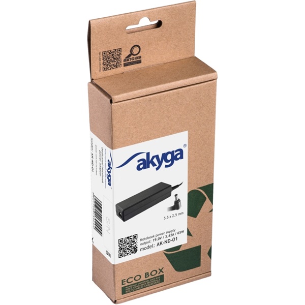 Akyga AK-ND-01 19V/3,42A/65W 5,5x2,5mm Asus / Toshiba / HP / Compaq  notebook hálózati töltő