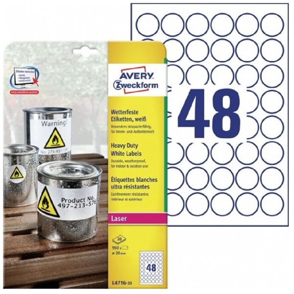 Avery L4716-20 30 mm időjárásálló 960 db-os köretikett
