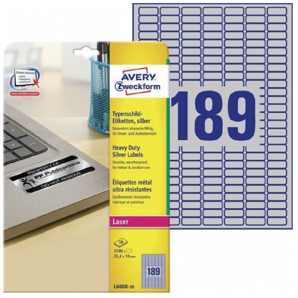 Avery L6008-20 25,4x10 mm vízálló 3780 db-os ezüst etikett