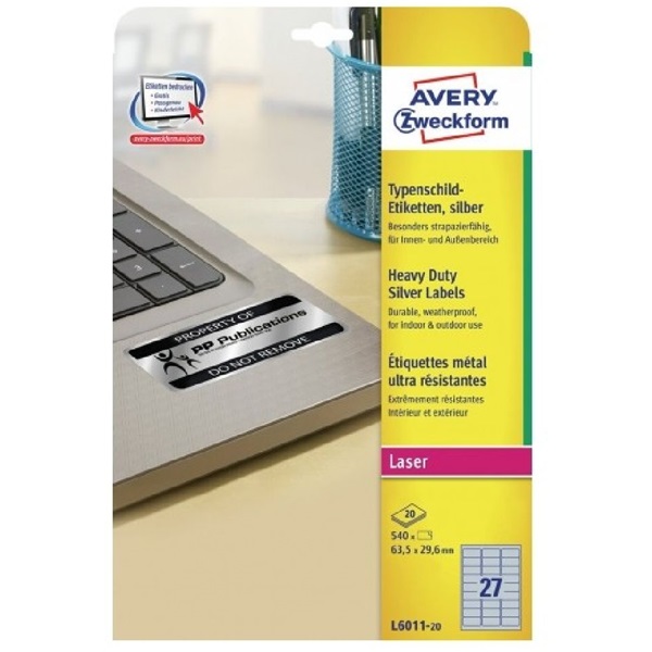 Avery L6011-20 63,5x29,6mm vízálló 540db-os ezüst etikett
