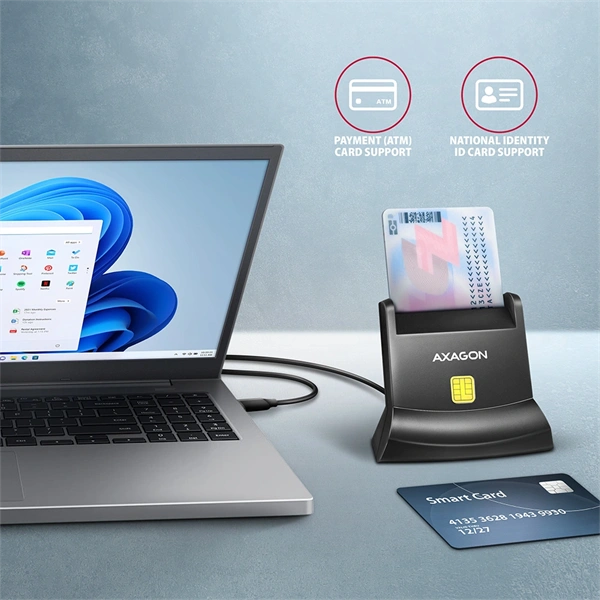 Axagon CRE-SM4NC univerzális asztali Smart / ID kártya olvasó hosszú USB-C kábellel
