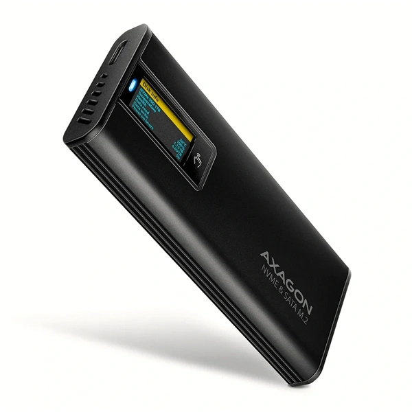 Axagon EEM2-SD2B külső USB-C 10Gbps fém ház LCD kijelzővel M.2 NVMe és SATA SSD meghajtókhoz