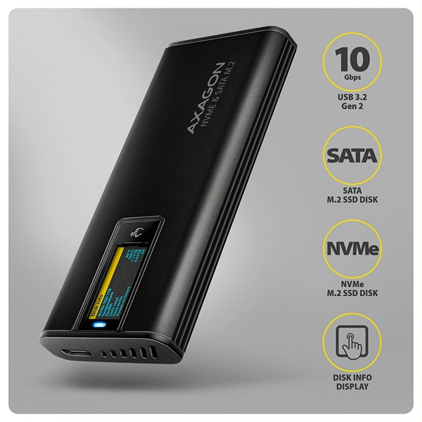 Axagon EEM2-SD2B külső USB-C 10Gbps fém ház LCD kijelzővel M.2 NVMe és SATA SSD meghajtókhoz