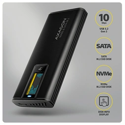 Axagon EEM2-SD2B külső USB-C 10Gbps fém ház LCD kijelzővel M.2 NVMe és SATA SSD meghajtókhoz
