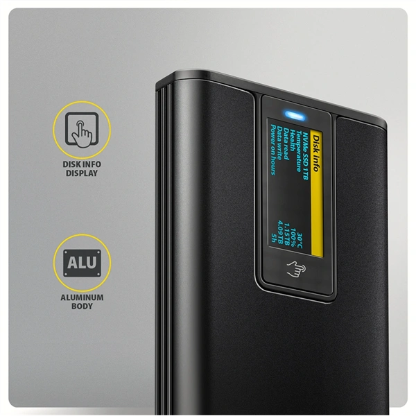 Axagon EEM2-SD2B külső USB-C 10Gbps fém ház LCD kijelzővel M.2 NVMe és SATA SSD meghajtókhoz