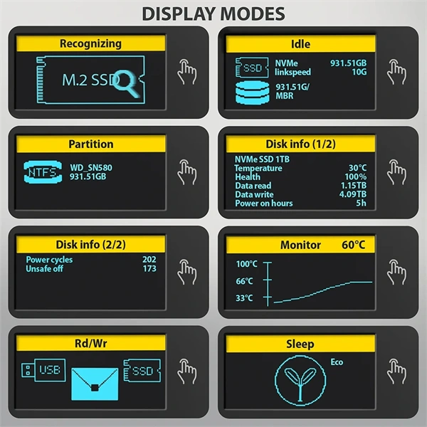Axagon EEM2-SD2B külső USB-C 10Gbps fém ház LCD kijelzővel M.2 NVMe és SATA SSD meghajtókhoz