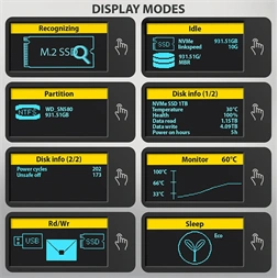 Axagon EEM2-SD2B külső USB-C 10Gbps fém ház LCD kijelzővel M.2 NVMe és SATA SSD meghajtókhoz
