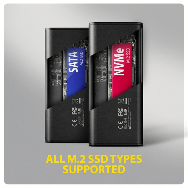 Axagon EEM2-SD2B külső USB-C 10Gbps fém ház LCD kijelzővel M.2 NVMe és SATA SSD meghajtókhoz