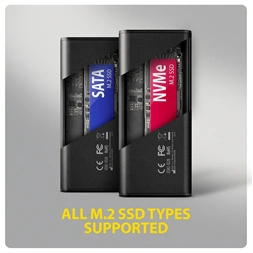 Axagon EEM2-SD2B külső USB-C 10Gbps fém ház LCD kijelzővel M.2 NVMe és SATA SSD meghajtókhoz