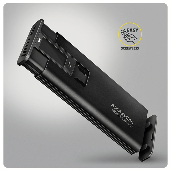 Axagon EEM2-SD2B külső USB-C 10Gbps fém ház LCD kijelzővel M.2 NVMe és SATA SSD meghajtókhoz