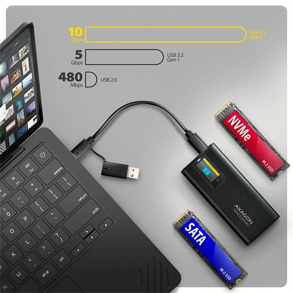 Axagon EEM2-SD2B külső USB-C 10Gbps fém ház LCD kijelzővel M.2 NVMe és SATA SSD meghajtókhoz