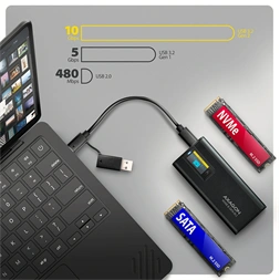 Axagon EEM2-SD2B külső USB-C 10Gbps fém ház LCD kijelzővel M.2 NVMe és SATA SSD meghajtókhoz