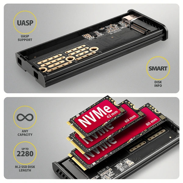 Axagon EEM2-SD2B külső USB-C 10Gbps fém ház LCD kijelzővel M.2 NVMe és SATA SSD meghajtókhoz