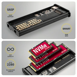 Axagon EEM2-SD2B külső USB-C 10Gbps fém ház LCD kijelzővel M.2 NVMe és SATA SSD meghajtókhoz