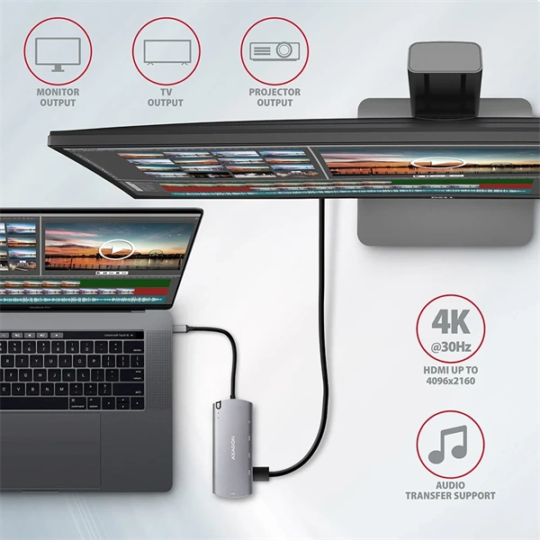 Axagon HMC-6M2 SUPERSPEED USB-C COMBO ezüst-fekete  6in1 hub