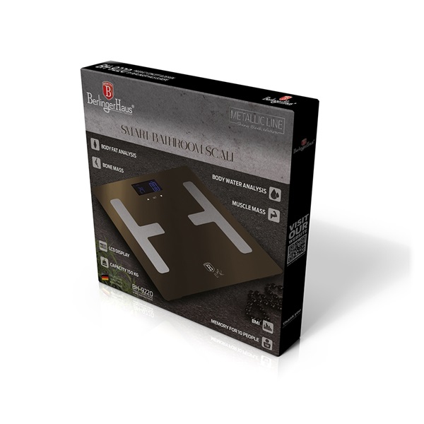 Berlinger Haus BH/9220 180 kg kapacitású, fekete testzsíranalizáló személymérleg