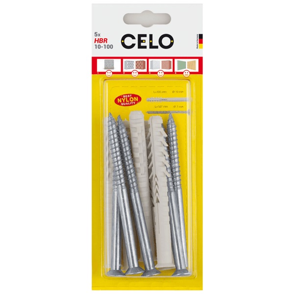 Celo HBR nagyméretű műanyag dűbel M10x135 + 7x142 hatlapfejű csavar - 5db / bliszter