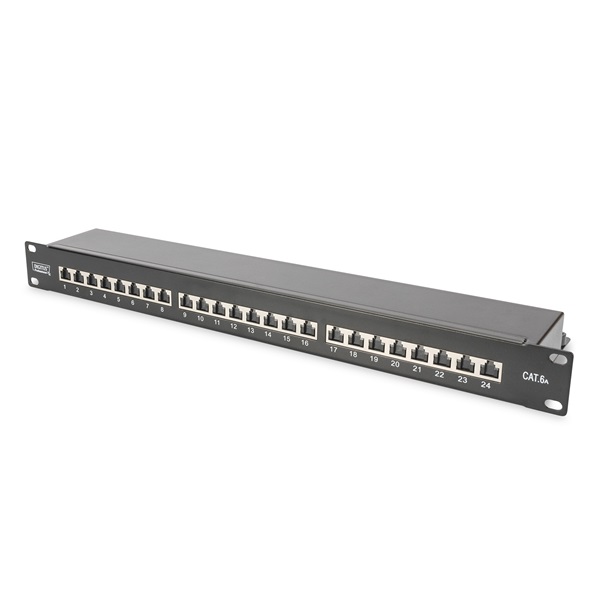 DIGITUS 19" 1U 24port Cat.6A kompakt fekete árnyékolt Patch Panel