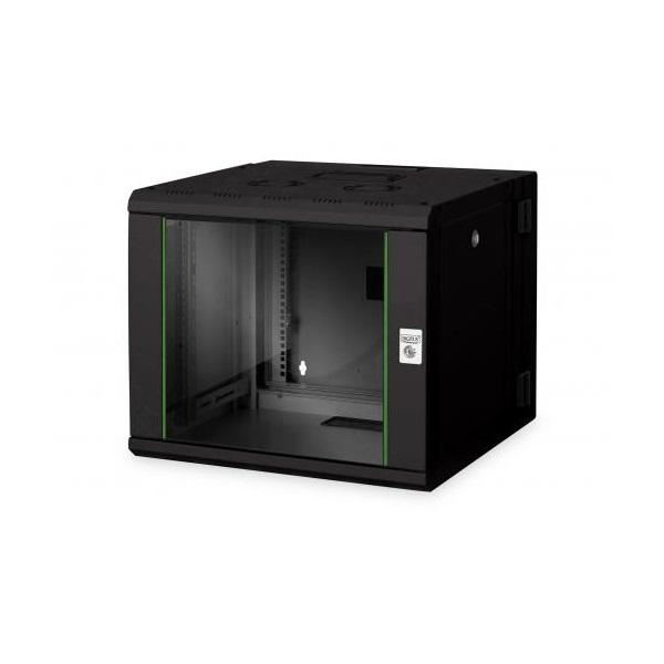 DIGITUS Rack Unique 19" 9U 509x600x600mm kétrészes üvegajtós fekete fali rack szekrény