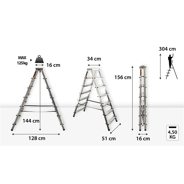 DRABEST HOME 2x7 lépcsős kétoldalon járható alumínium létra, fellépő, összecsukható