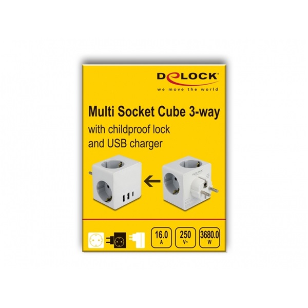 Delock 11496 3-oldalú multi-csatlakozó kocka gyerekzárral és USB töltőfelülettel, fehér