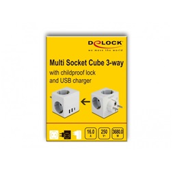 Delock 11496 3-oldalú multi-csatlakozó kocka gyerekzárral és USB töltőfelülettel, fehér