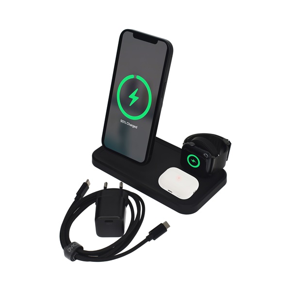 Dviced DV230005 15W 3in1 fekete vezeték nélküli töltő állomás + adapter & kábel