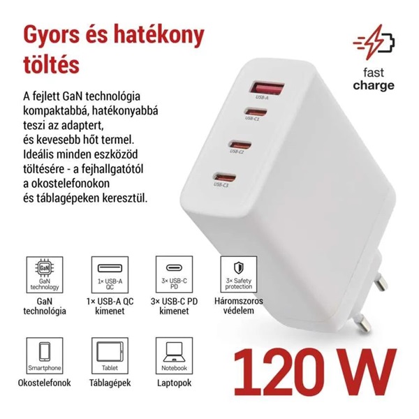 Emos GaN PD 120 W max. univerzális USB töltő