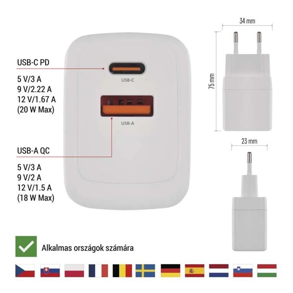 Emos GaN PD 20 W max. univerzális USB töltő