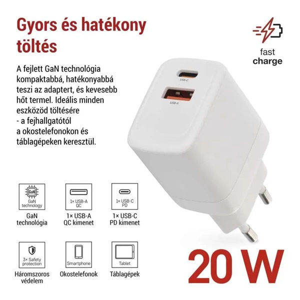Emos GaN PD 20 W max. univerzális USB töltő