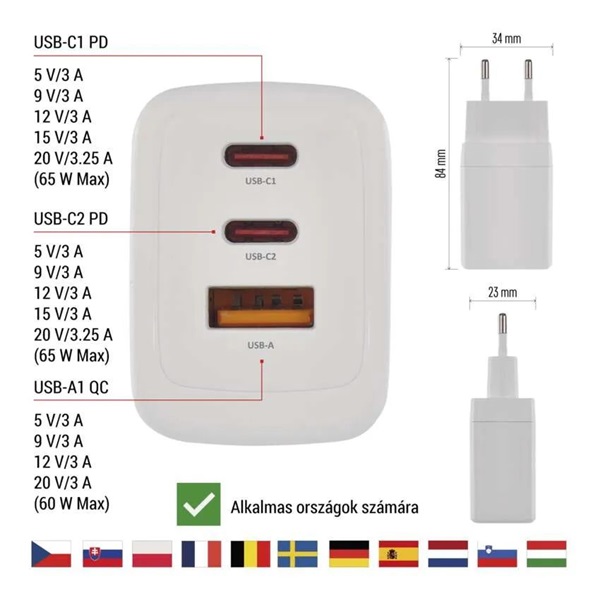 Emos GaN PD 65 W max. univerzális USB töltő