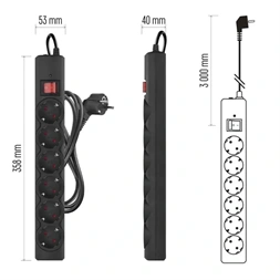 Emos P54219 3m 380J SCHUKO 6 csatlakozós fekete túlfeszültség védett elosztó
