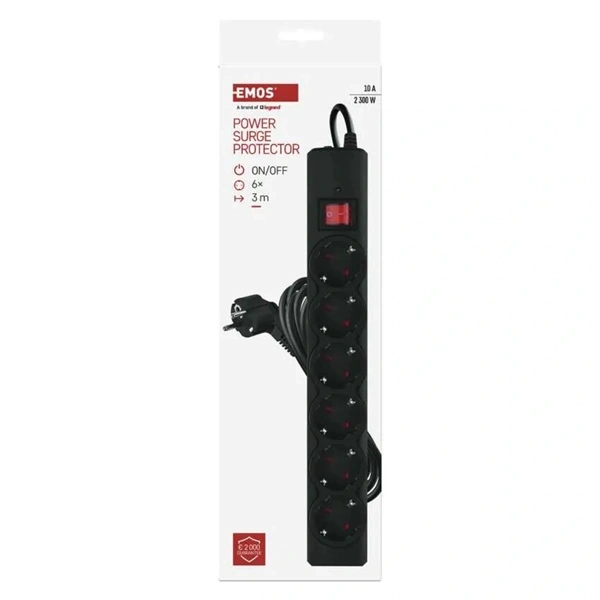Emos P54219 3m 380J SCHUKO 6 csatlakozós fekete túlfeszültség védett elosztó