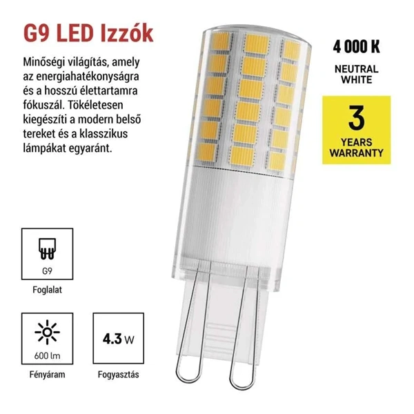Emos ZQ9D33 classic JC 4,3W(48W)  600lumen G9 LED izzó