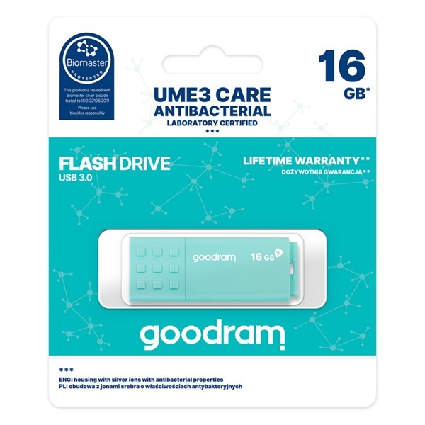 GOODRAM Pendrive 16GB, UME3 CARE USB 3.1, (Antibakteriális ház)