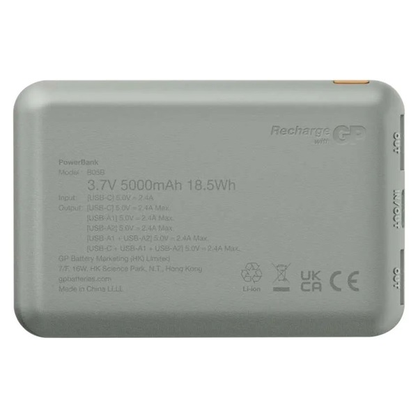 GP B+ Series, 5 000 mAh, 12 W, zöldesszürke powerbank