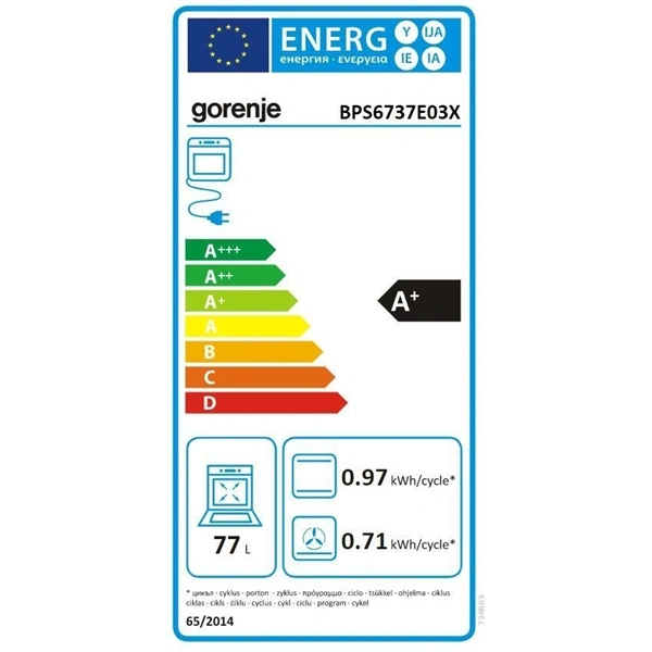 Gorenje BPS6737E03X inox-fekete, beépíthető, sütőtér:77L, grill, légkeveréses, sütő