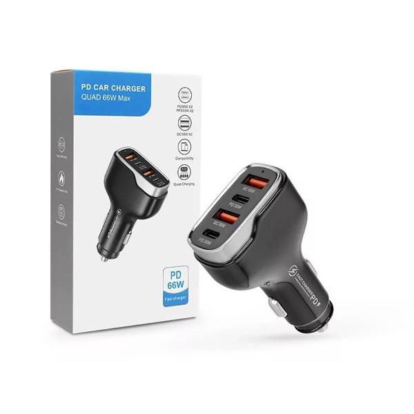 Haffner HF227301 66W 2xUSB C/2xUSB fekete szivargyújtós töltő adapter