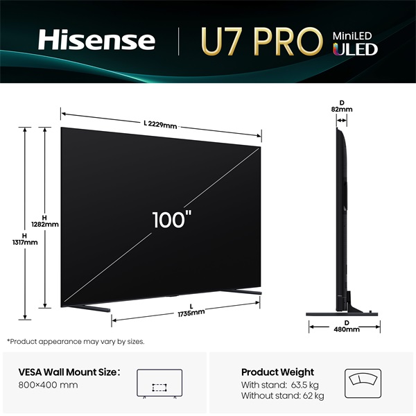 Hisense 100" 100U7QPRO 4K UHD Smart MiniLED ULED TV