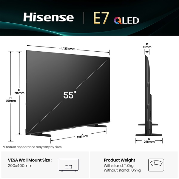 Hisense 55" 55E7Q 4K UHD Smart QLED TV (Újracsomagolt)