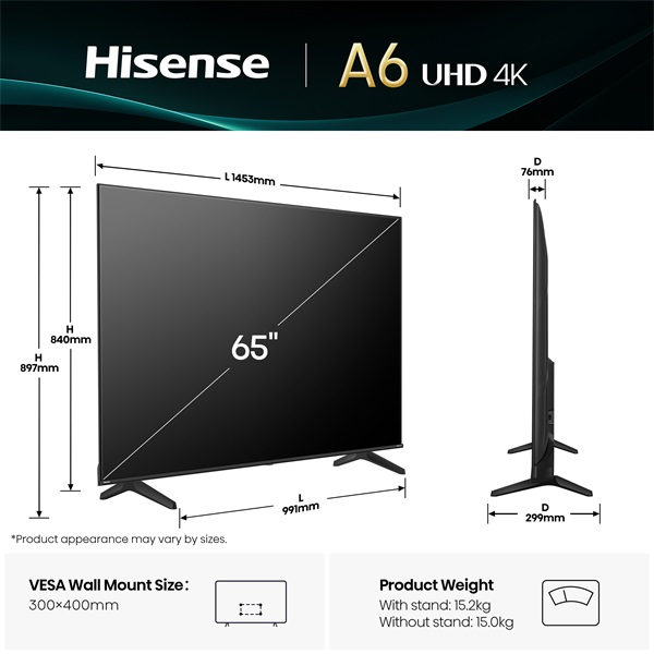 Hisense 65" 65A6Q 4K UHD Smart LED TV (Újracsomagolt)