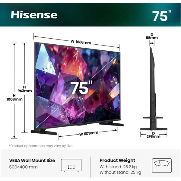 Hisense 75" 75E7S PRO 4K UHD Smart QLED TV