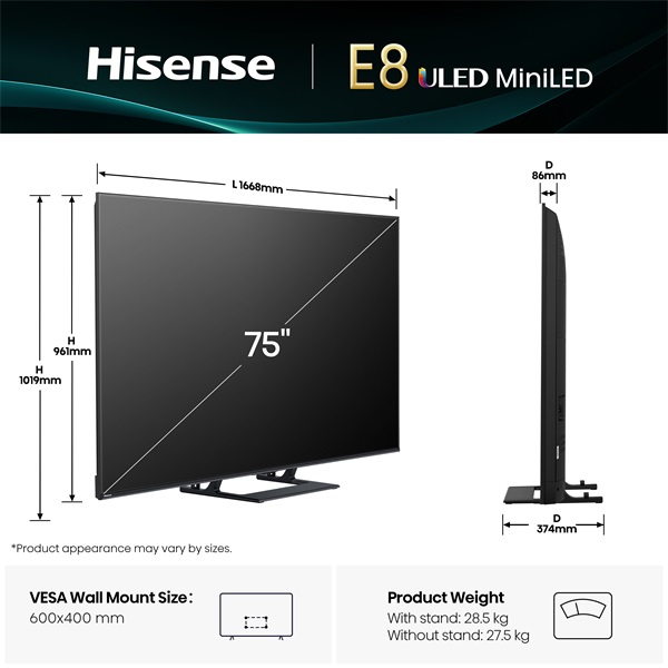 Hisense 75" 75E8Q 4K UHD Smart MiniLED ULED TV