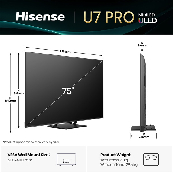 Hisense 75" 75U7QPRO 4K UHD Smart MiniLED ULED TV