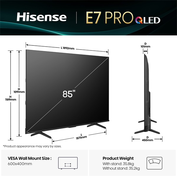 Hisense 85" 85E7QPRO 4K UHD Smart Gamer QLED TV