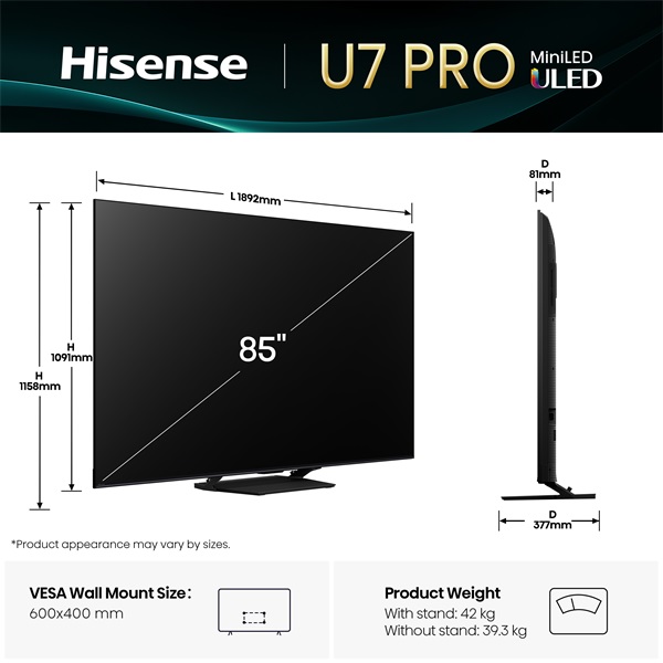 Hisense 85" 85U7QPRO 4K UHD Smart MiniLED ULED TV